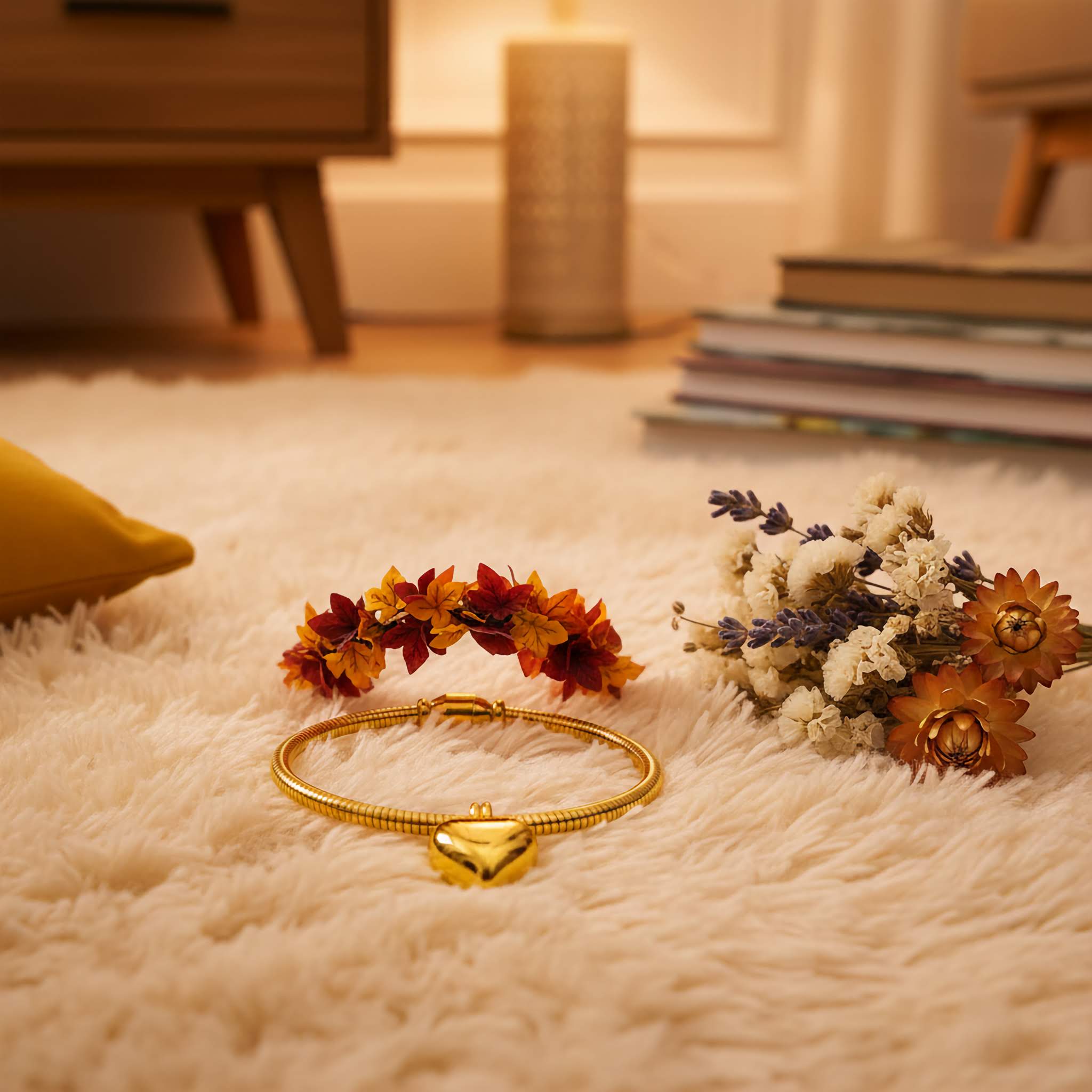 Affordable wedding fashion jewelry including a heart bracelet and floral accessories on a soft rug.