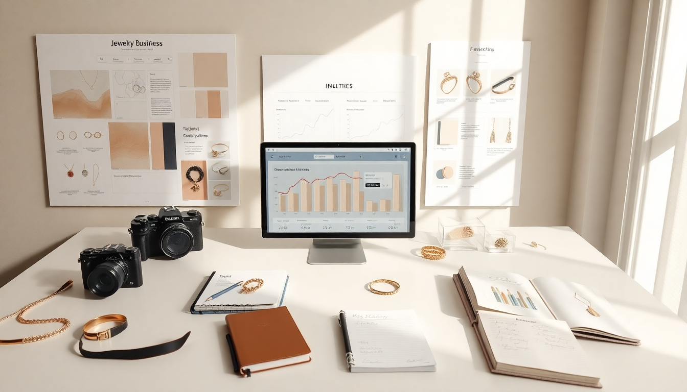 Workspace for starting a jewelry business with a computer, notes, and jewelry designs, illustrating how to start online jewelry business.