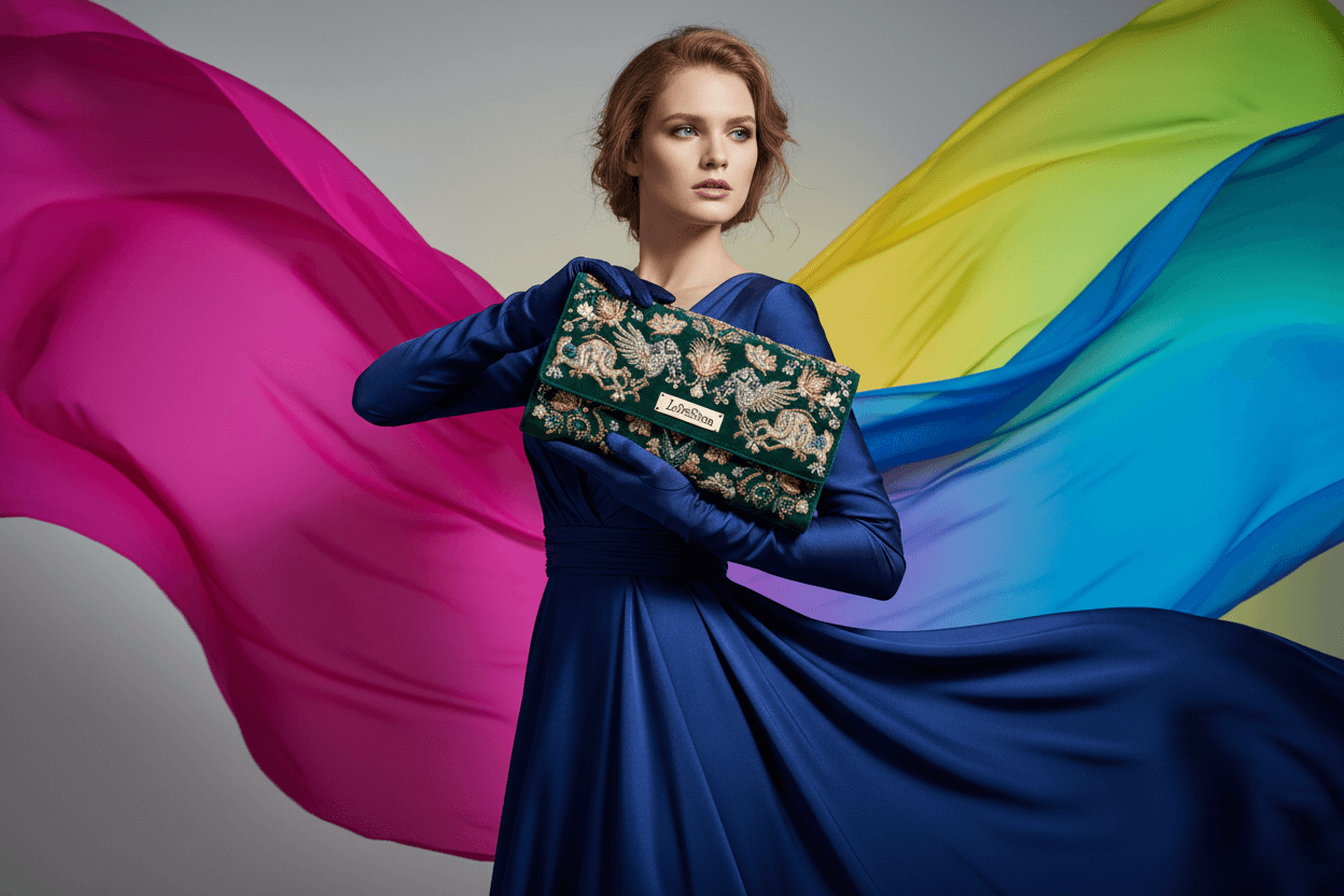 a lady in blue dress showing embroidered clutch bag designed by LeDeSaRa