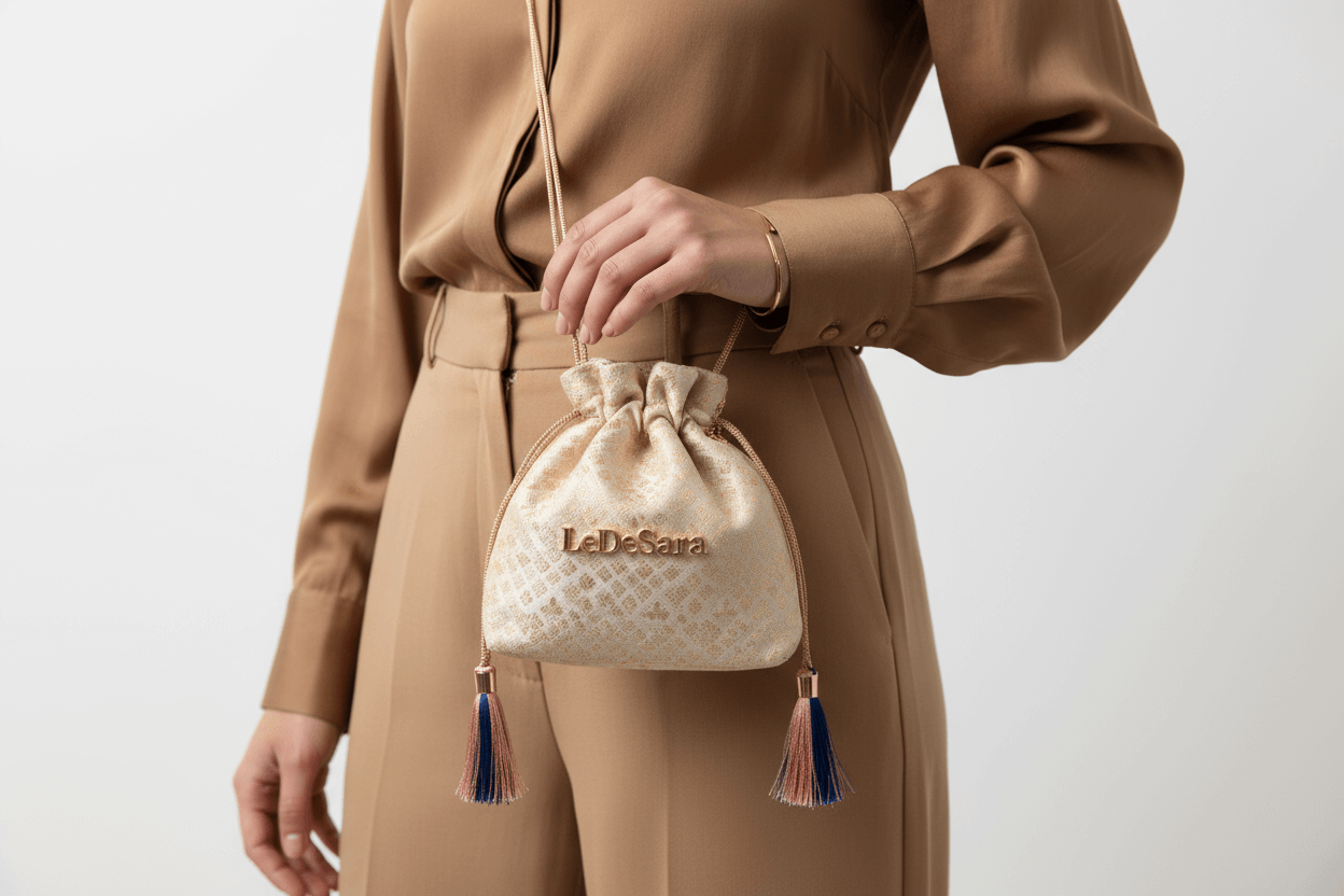 A lady in brown dress showing a potli bags by Ledesara