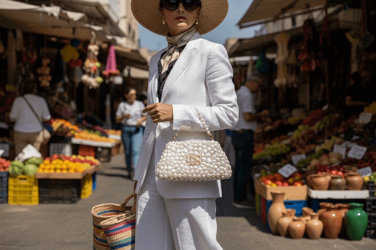 Lady in a white dress and white hat showing a luxury trendy clutch design bag in the market