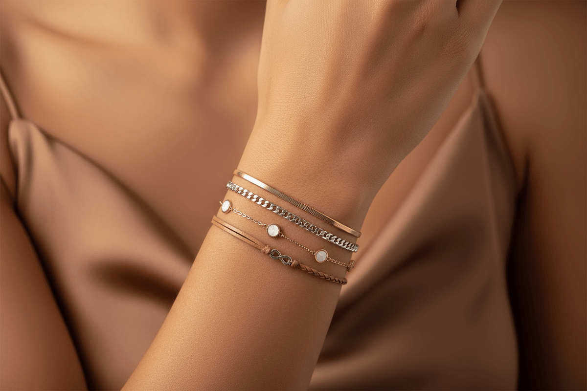 A girl showing chain bracelets brown background.
