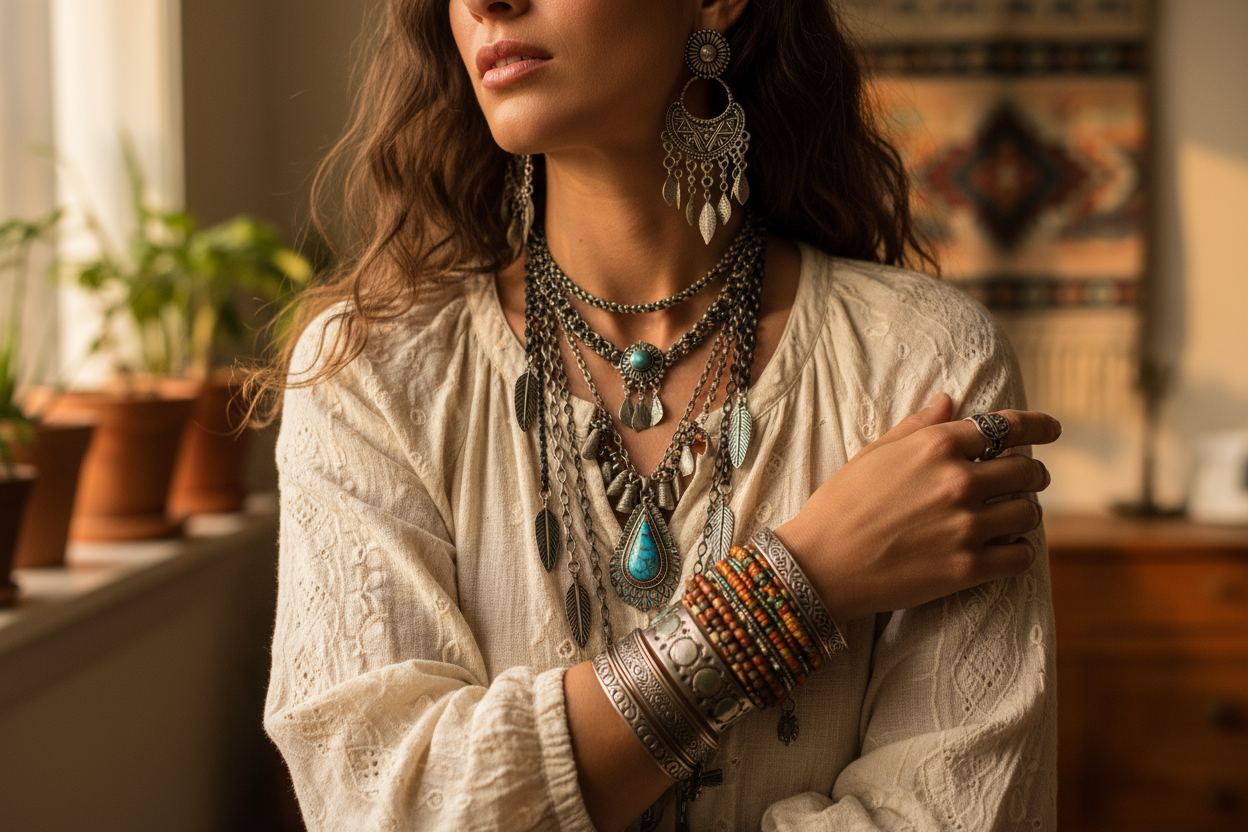 A lady in cream color dress wearing lot of 10 dollar bracelets and necklaces