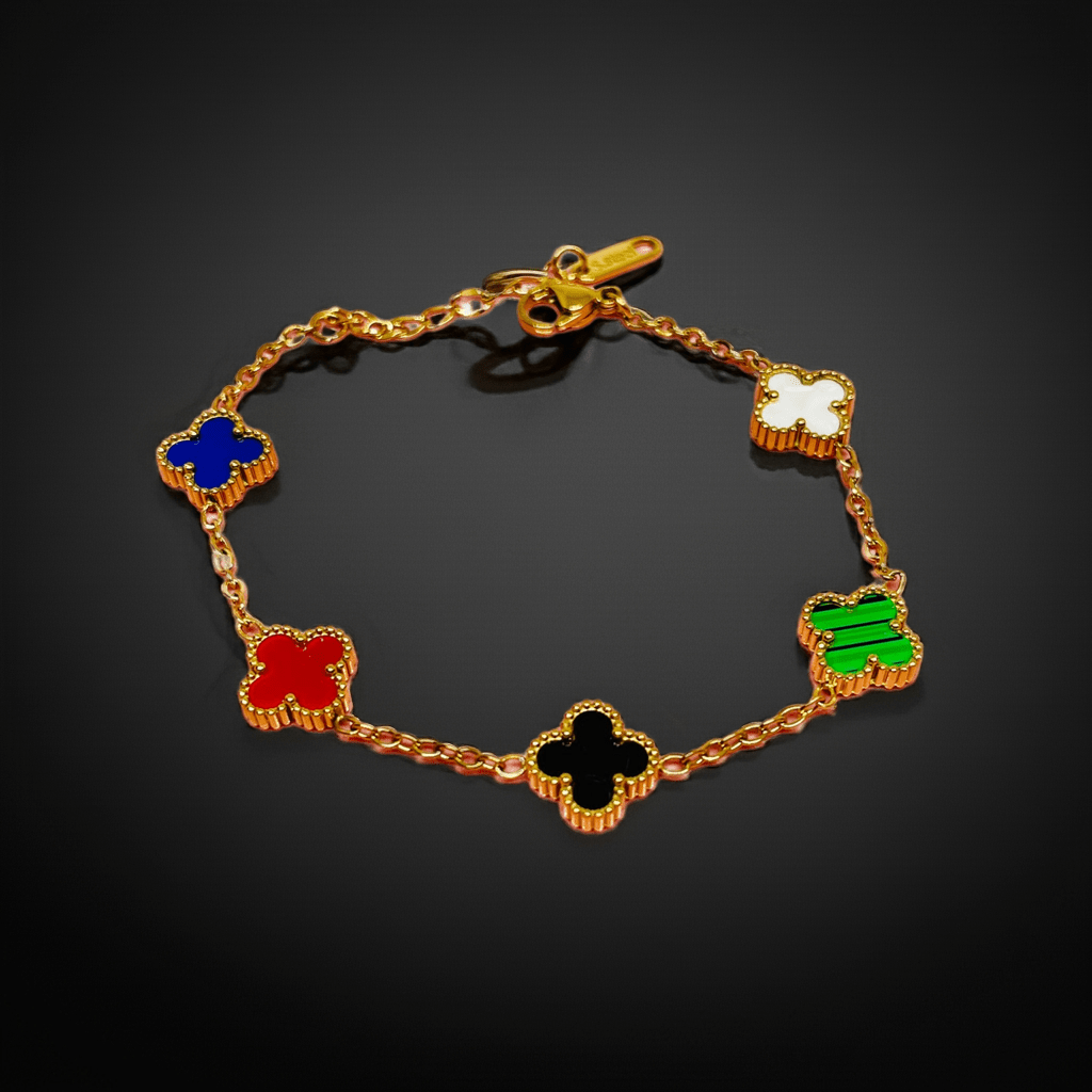 gold clover bracelet waterproof anti-tarnish with colorful clover-shaped charms on a black background