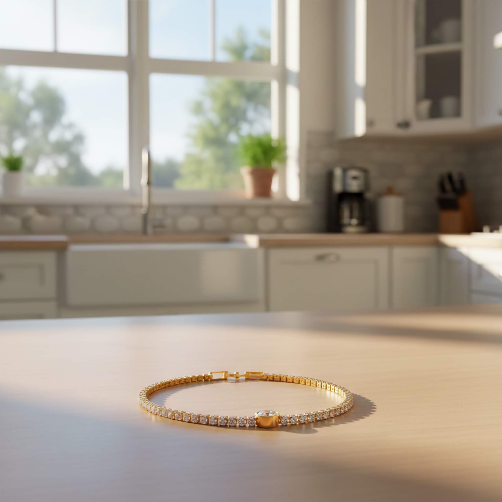 18k Gold plated bracelet on a kitchen counter with a blurred background