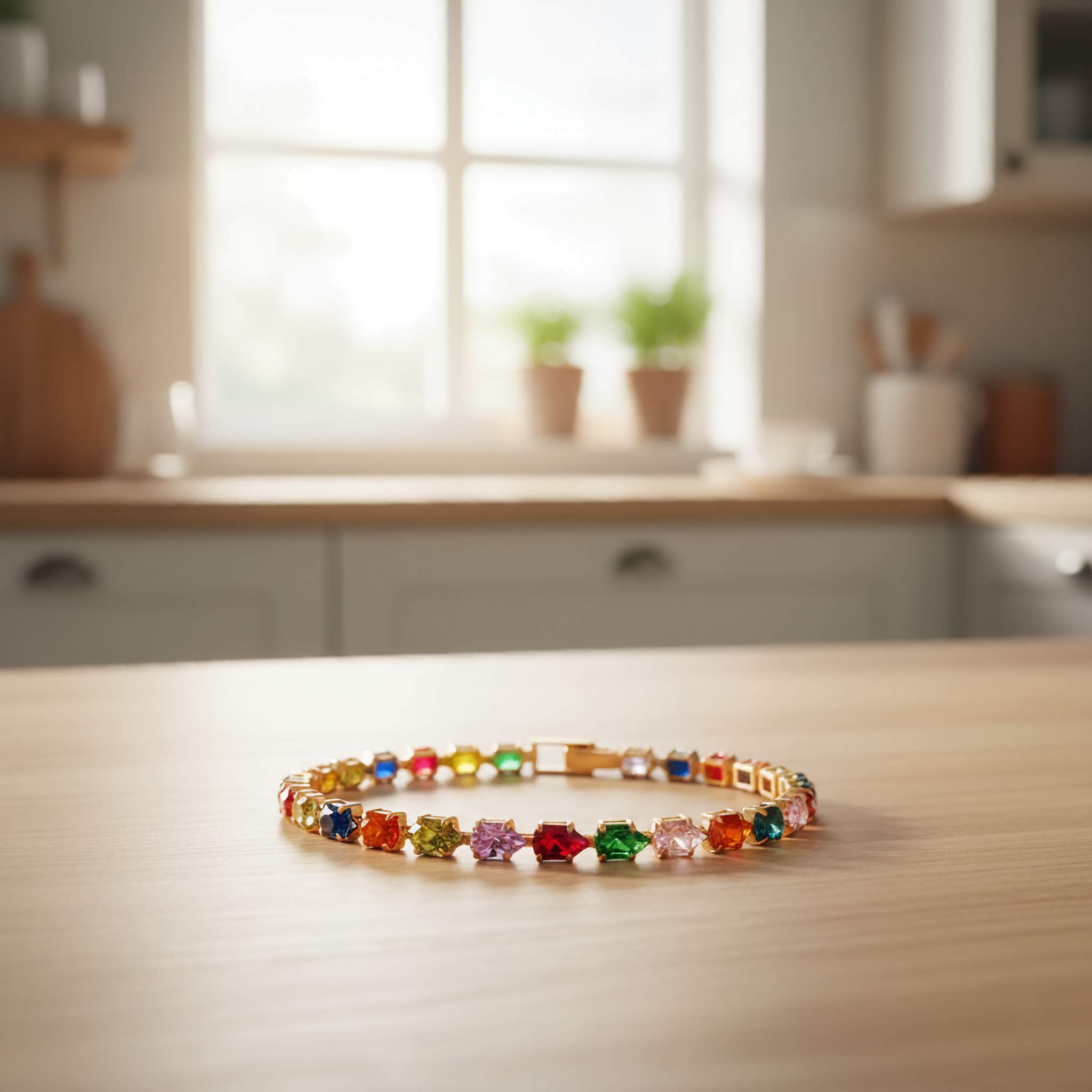 18k gold plated Multi-coloured gemstone bracelet on a wooden surface with a blurred kitchen background