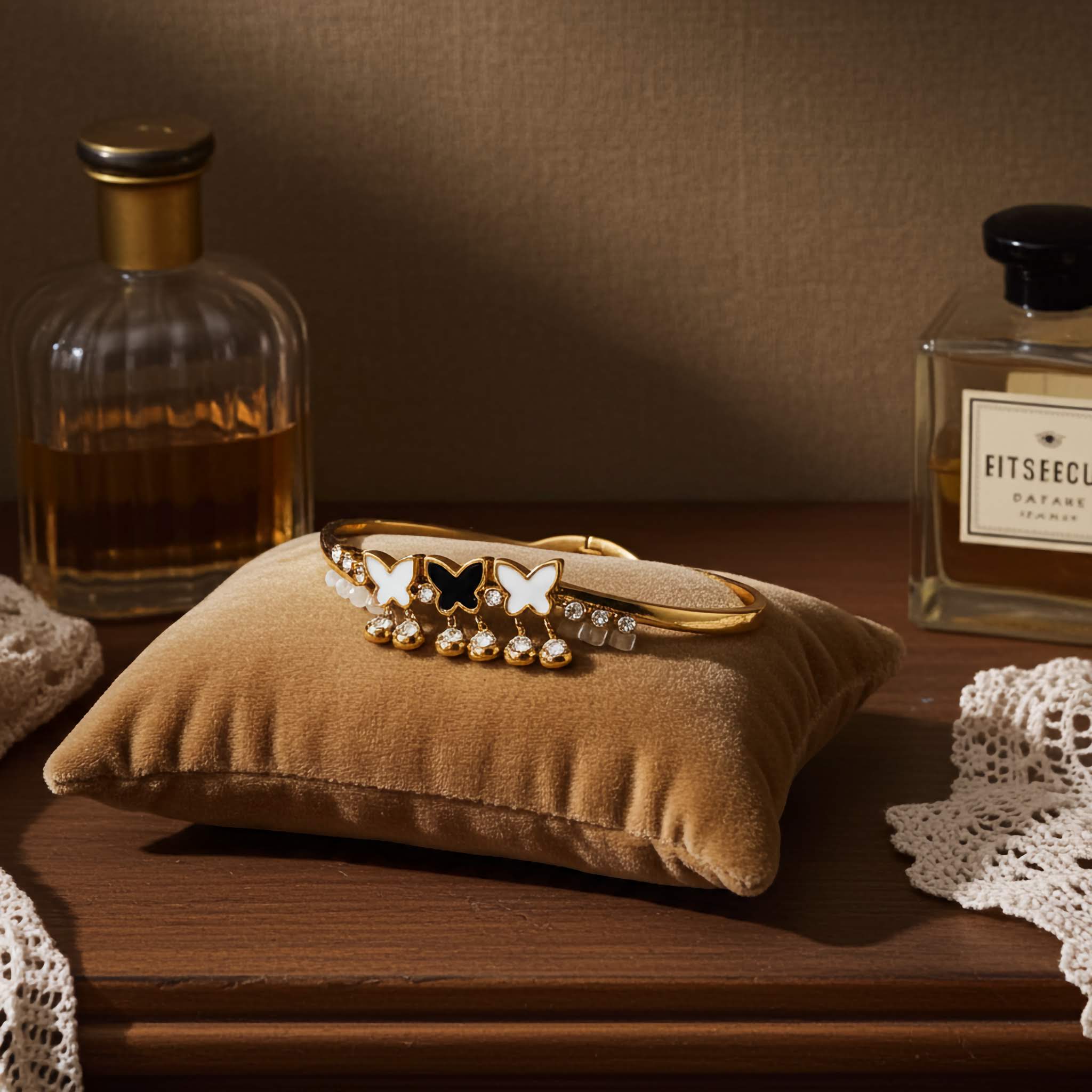 Gold butterfly bracelet on a brown pillow with two bottles in the background