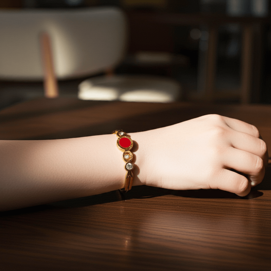 Hand wearing a bracelet with red and gold elements on a wooden surface