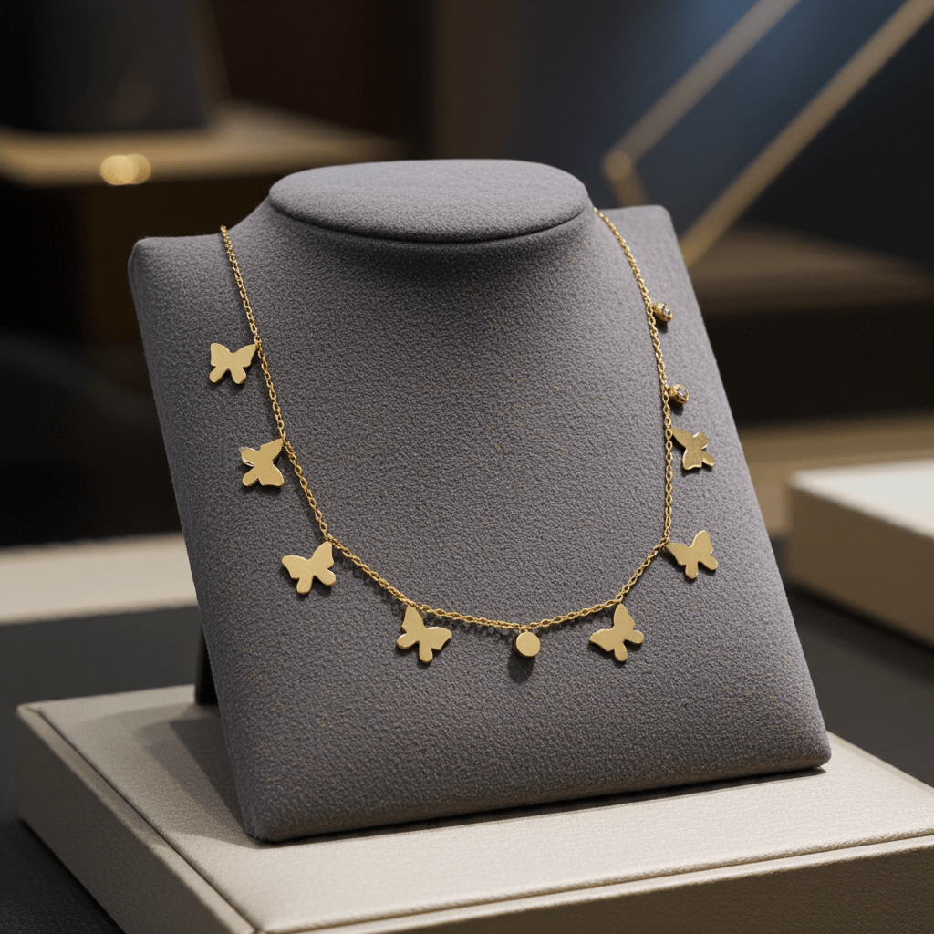 Gold butterfly necklace on a gray bust in a jewelry store