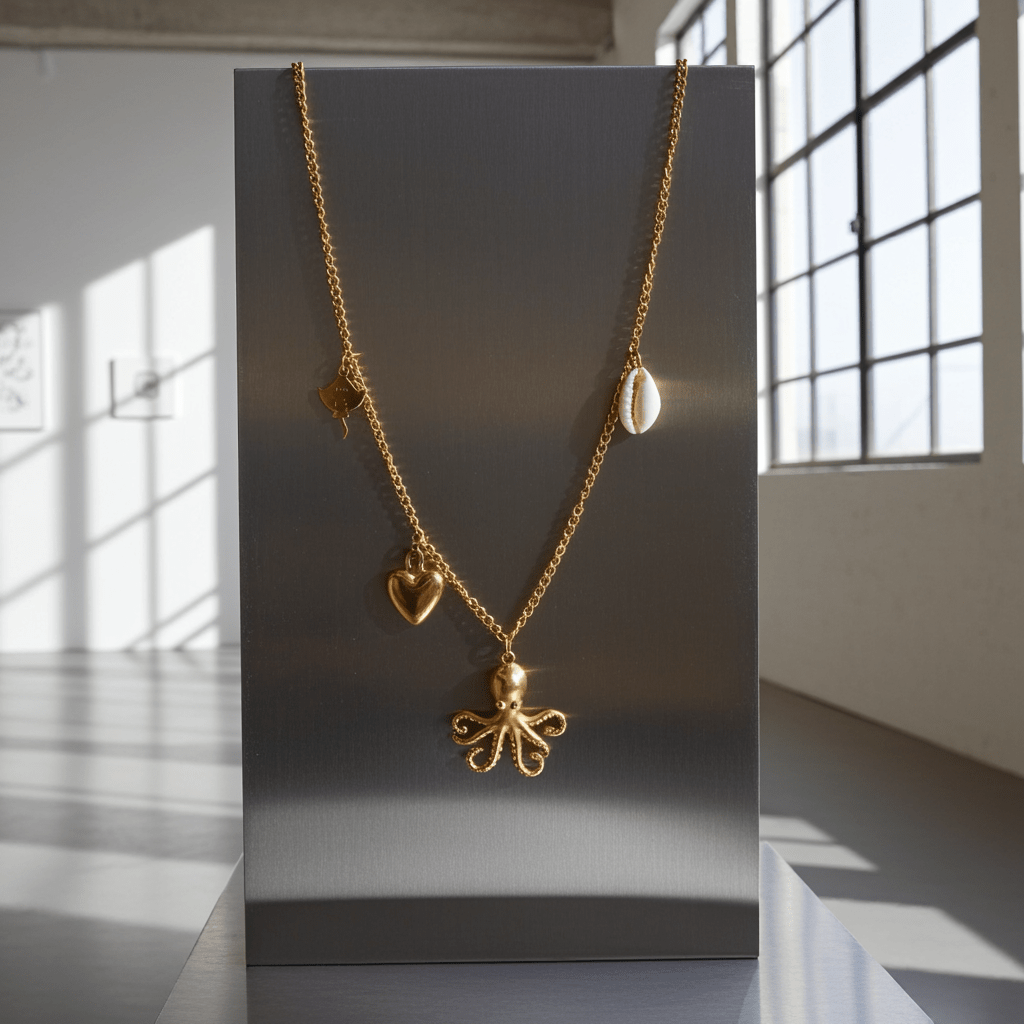 Sea shell gold charm necklace displayed on a black board.