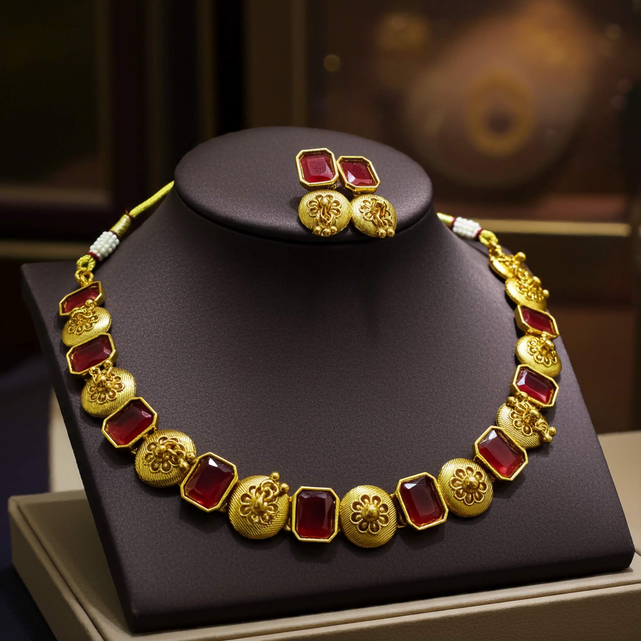 Gold necklace with red gemstones on a dark stand