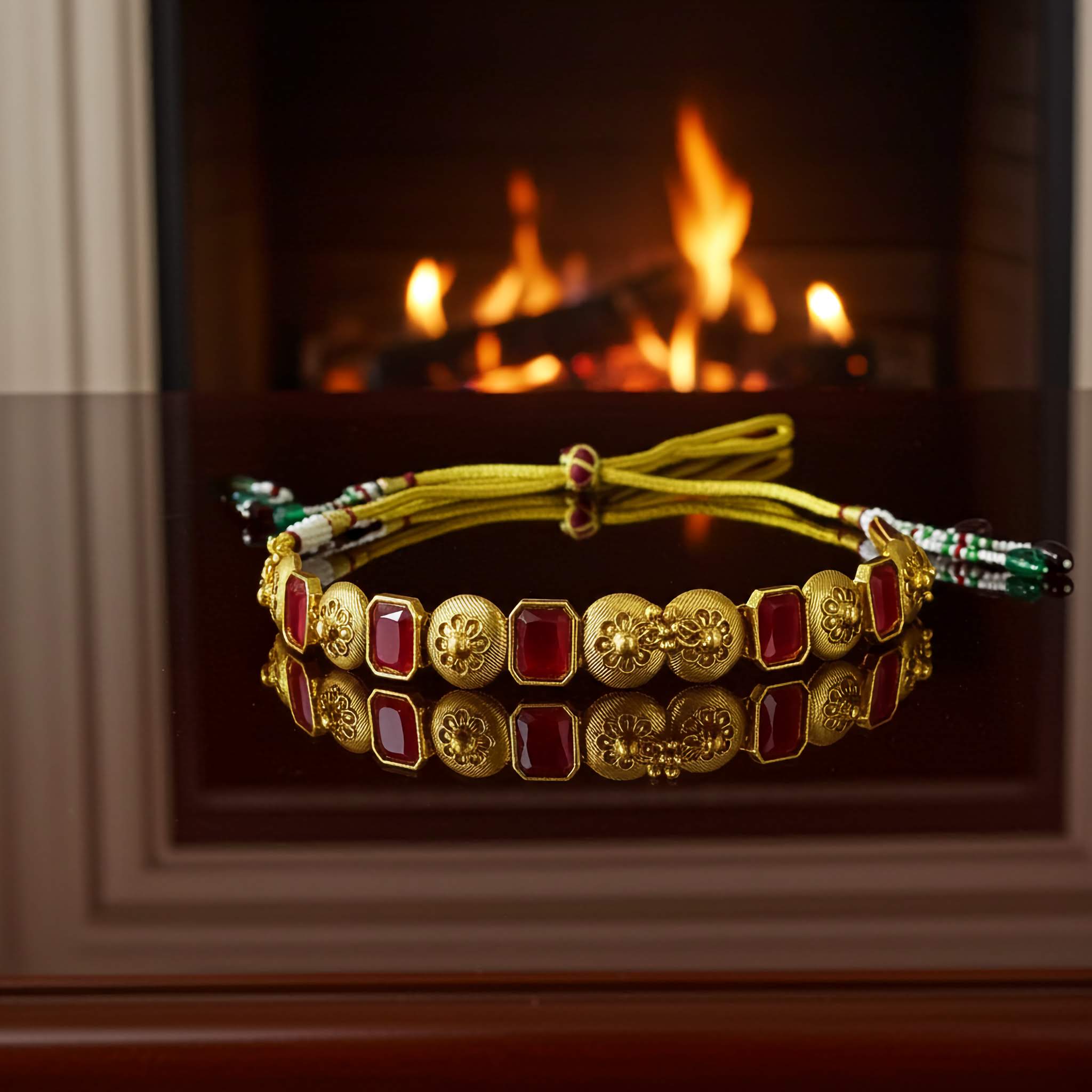 Necklace with gold and red stones on a reflective surface in front of a fireplace