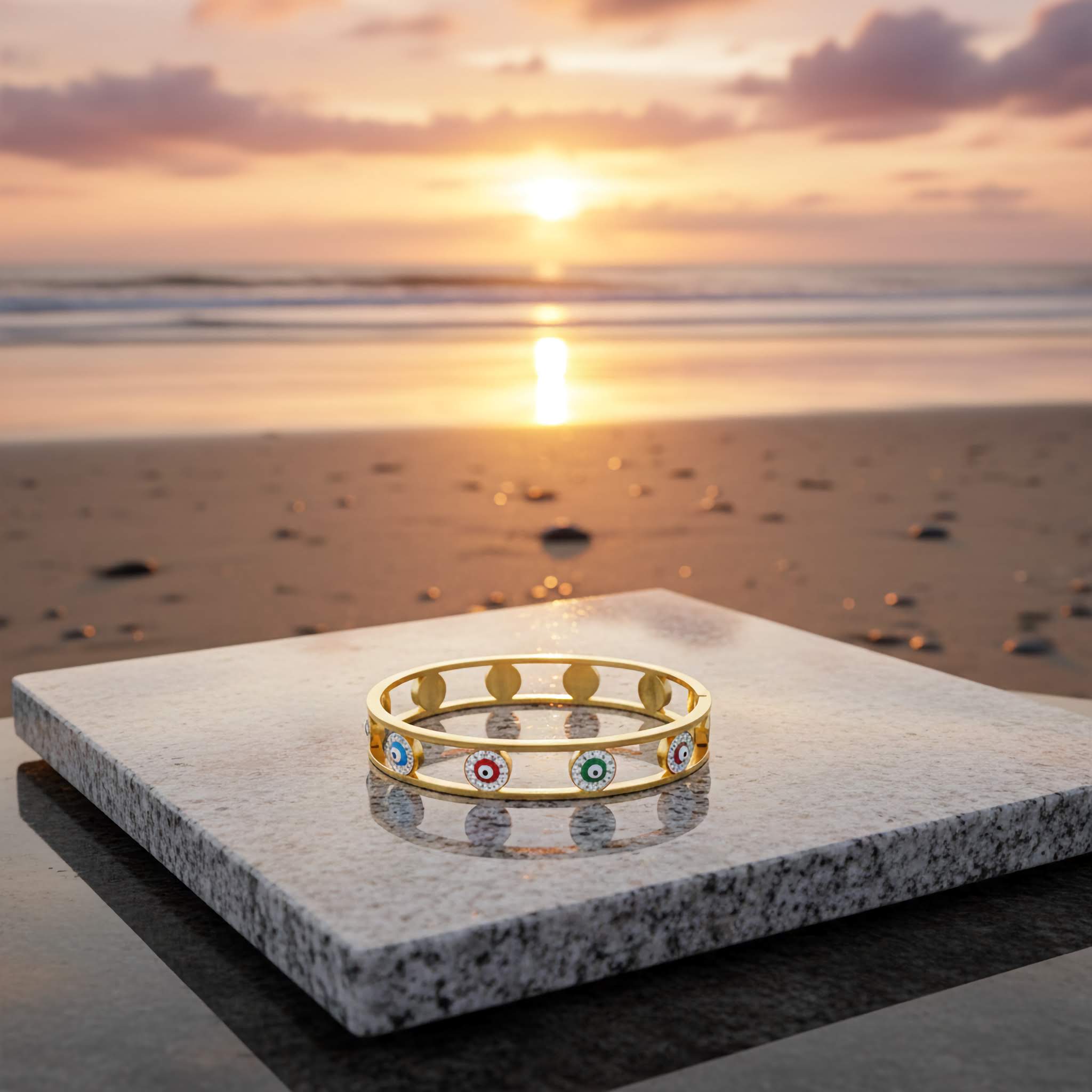 18k_gold_plated_multicoloured_evil_eye_bracelet in sunset