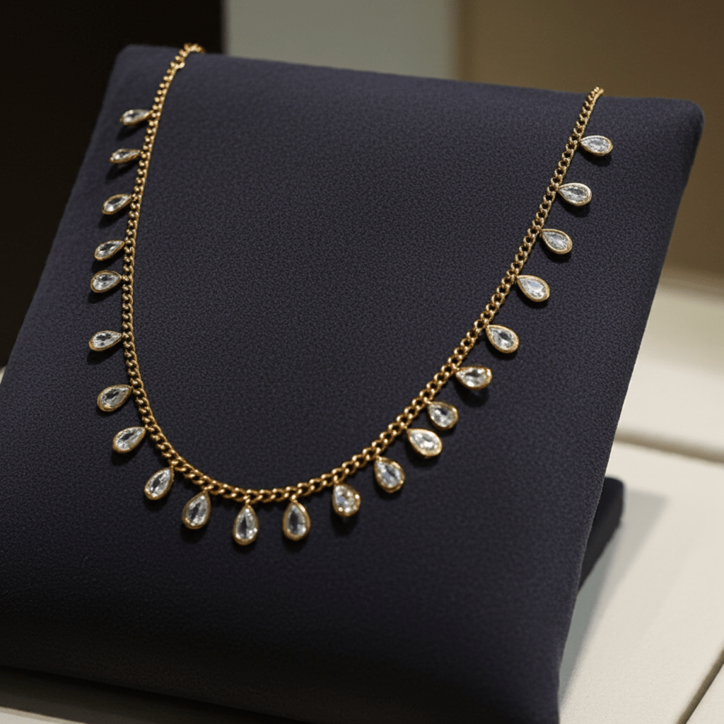 18k Gold Cubic Zirconia necklace with teardrop-shaped gemstones on a dark stand offered by LeDeSaRa.