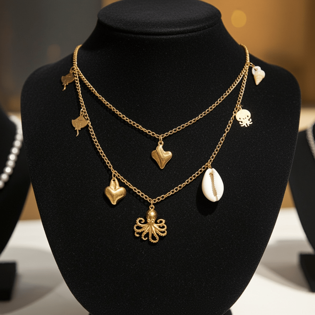 Shop sea inspired gold necklace with charms displayed on a black frame.