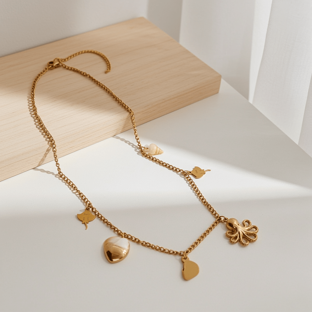 Gold bracelet with heart and star charms on a light wooden block