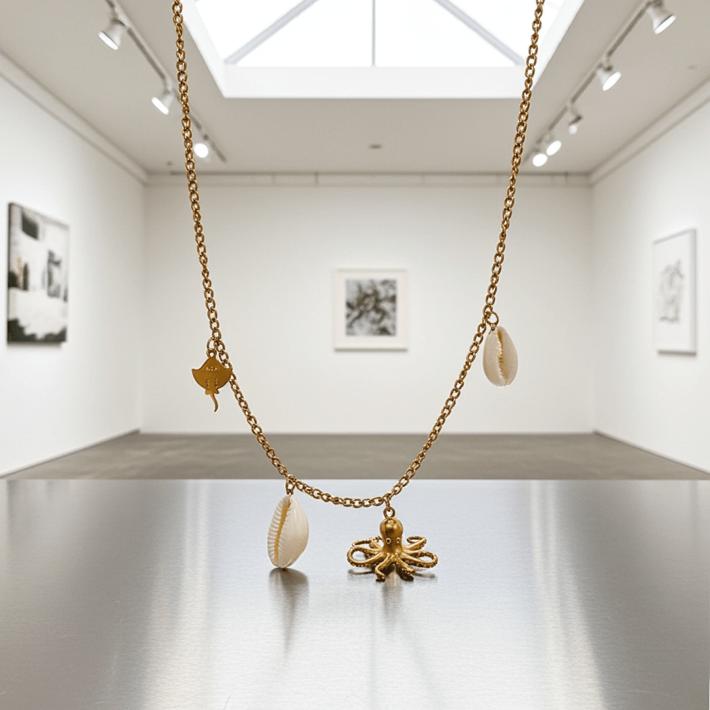 Gold necklace with shell and octopus charms on a reflective surface in an art gallery setting.