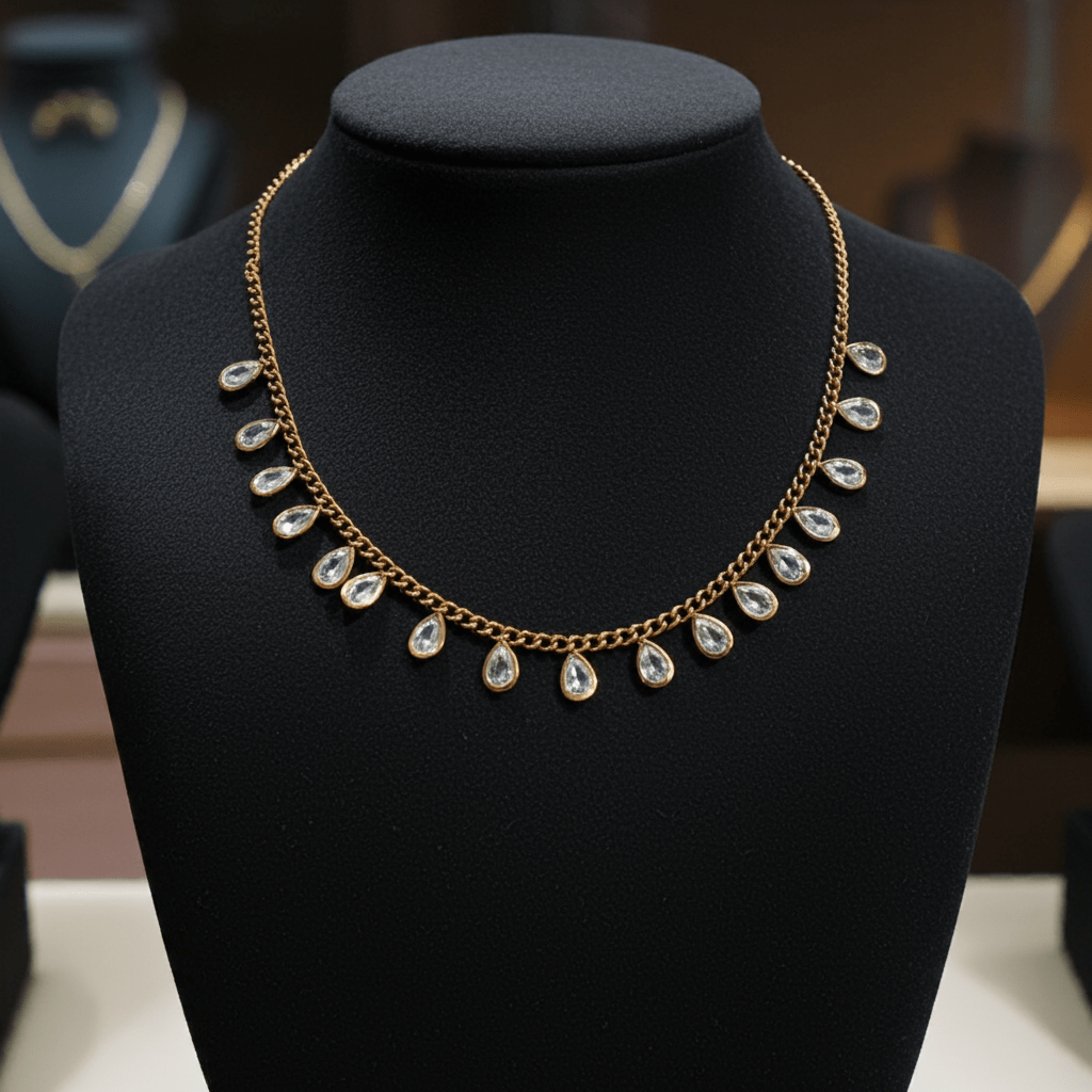 Buy Cubic Zirconia Gold necklace with teardrop-shaped crystals on a black mannequin bust.