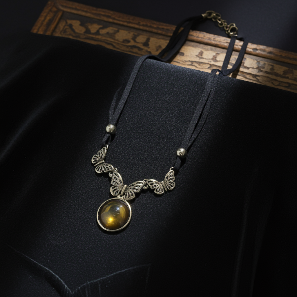 Necklace with butterfly design and yellow gemstone on a dark fabric background