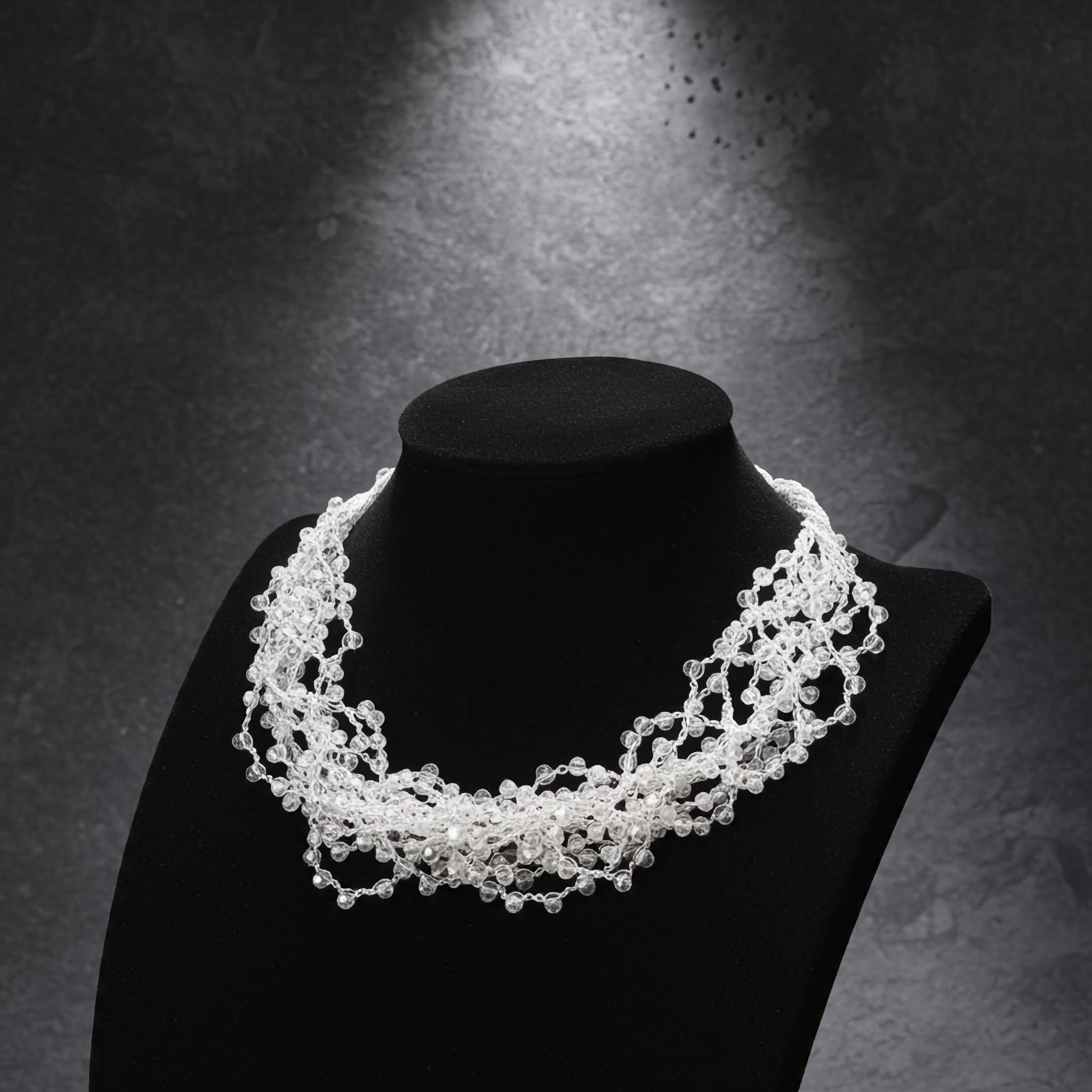 Beaded necklace on a black mannequin against a dark background