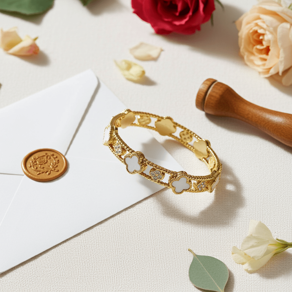 Gold plated 4 leaf white clover bangle on a grey surface,