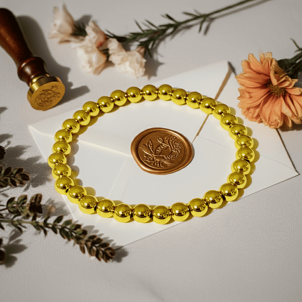 Stretchable Gold beaded bracelet on a white card with a wax seal, surrounded by flowers and leaves.