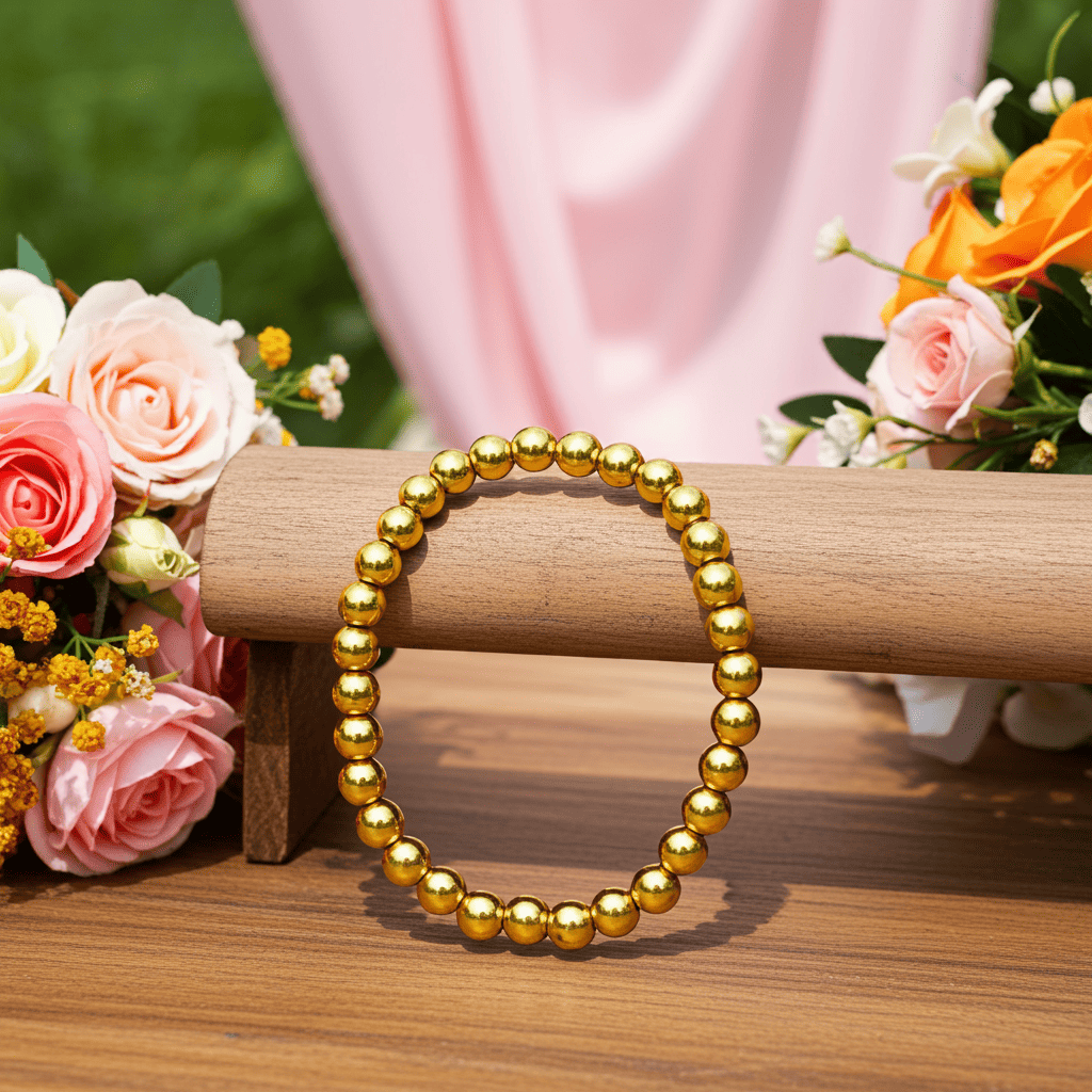 Simple slip-on Gold beaded bracelet on a wooden stand with flowers in the background