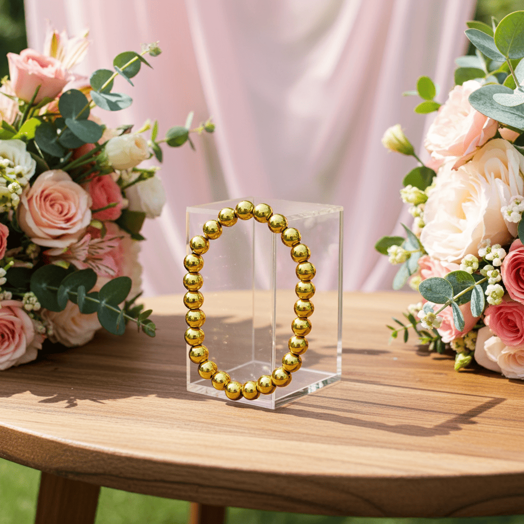 Stretchable simple Gold beaded bracelet on a clear stand with floral arrangements on a wooden table.