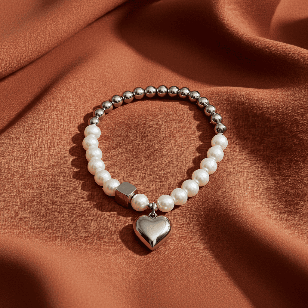Slip-on Pearl bracelet with a silver heart charm on a brown fabric background