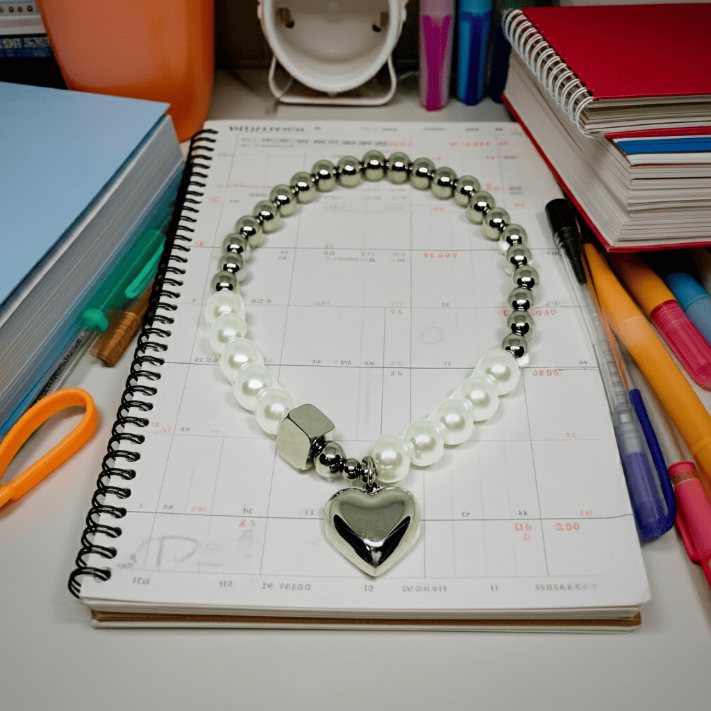 Stretchy white Pearl necklace with a heart pendant on a calendar page surrounded by stationery items.