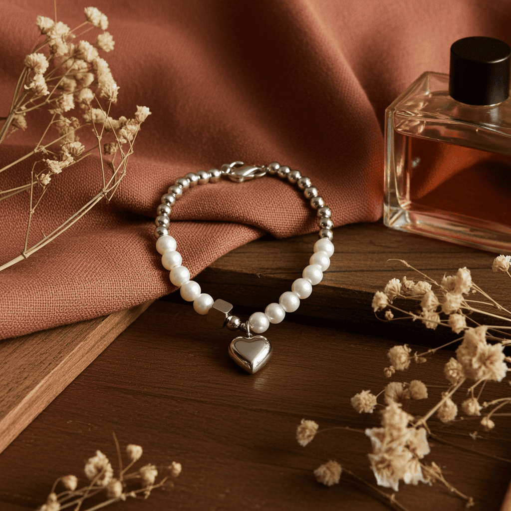 slip on white and grey Pearl bracelet with a heart charm on a wooden surface with flowers and a perfume bottle.
