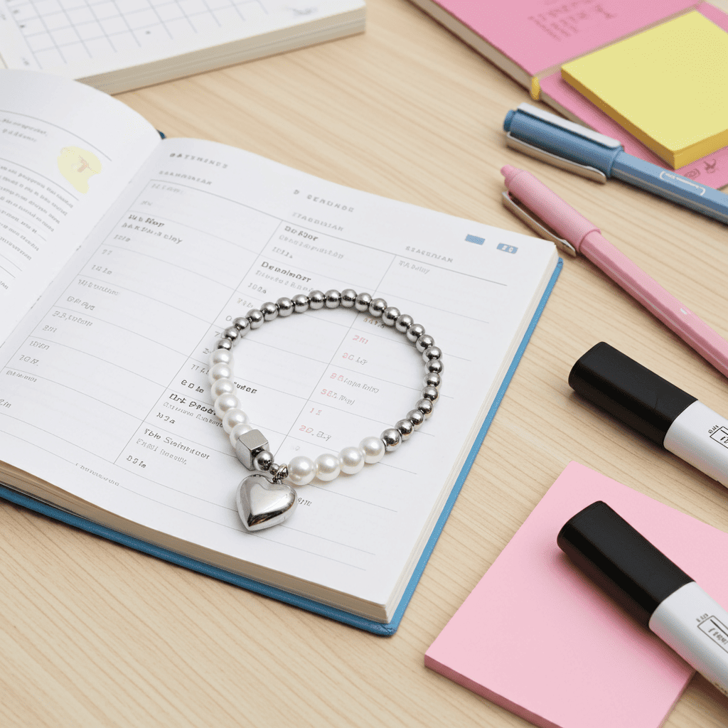 heart charm slip-on beaded Bracelet with heart charm on a desk with books and pens