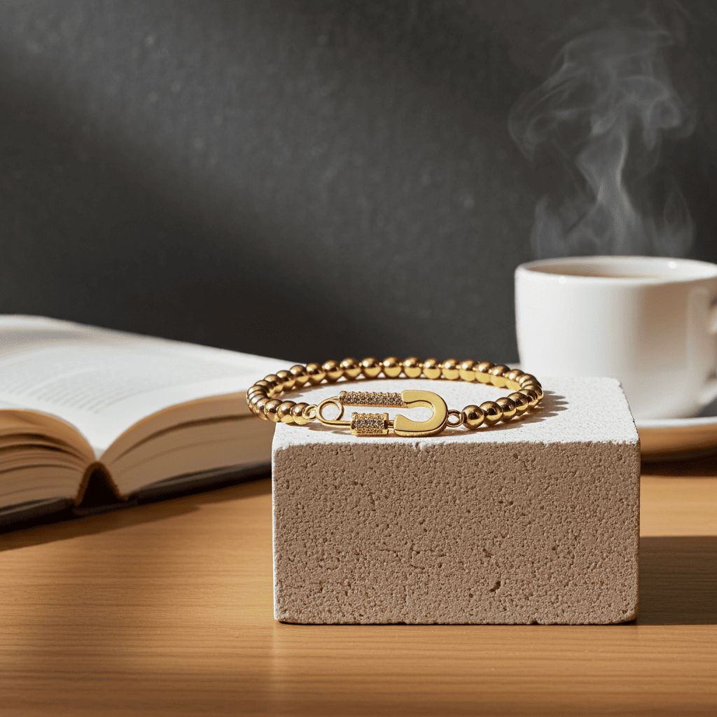 Gold stretchable beaded bracelet on a white block with an open book and a steaming cup of coffee in the background.