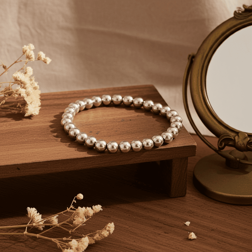 Slip on Pearl bracelet on a wooden stand with dried flowers and a vintage mirror in the background.