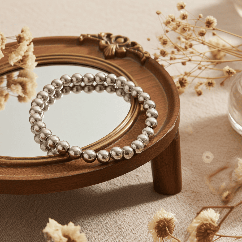 Silver beaded stretchable bracelet on a wooden mirror with dried flowers around
