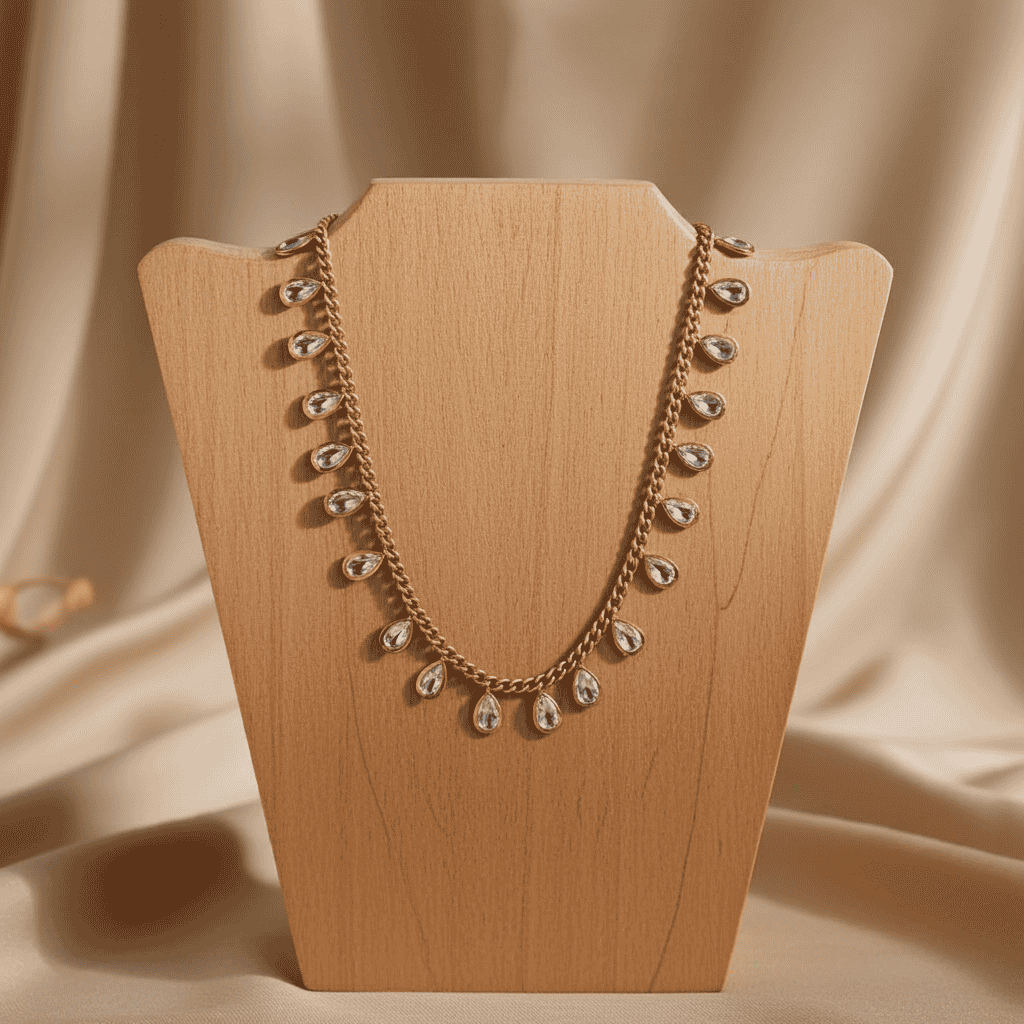 Cubic Zirconia Necklace on a wooden stand against a beige background