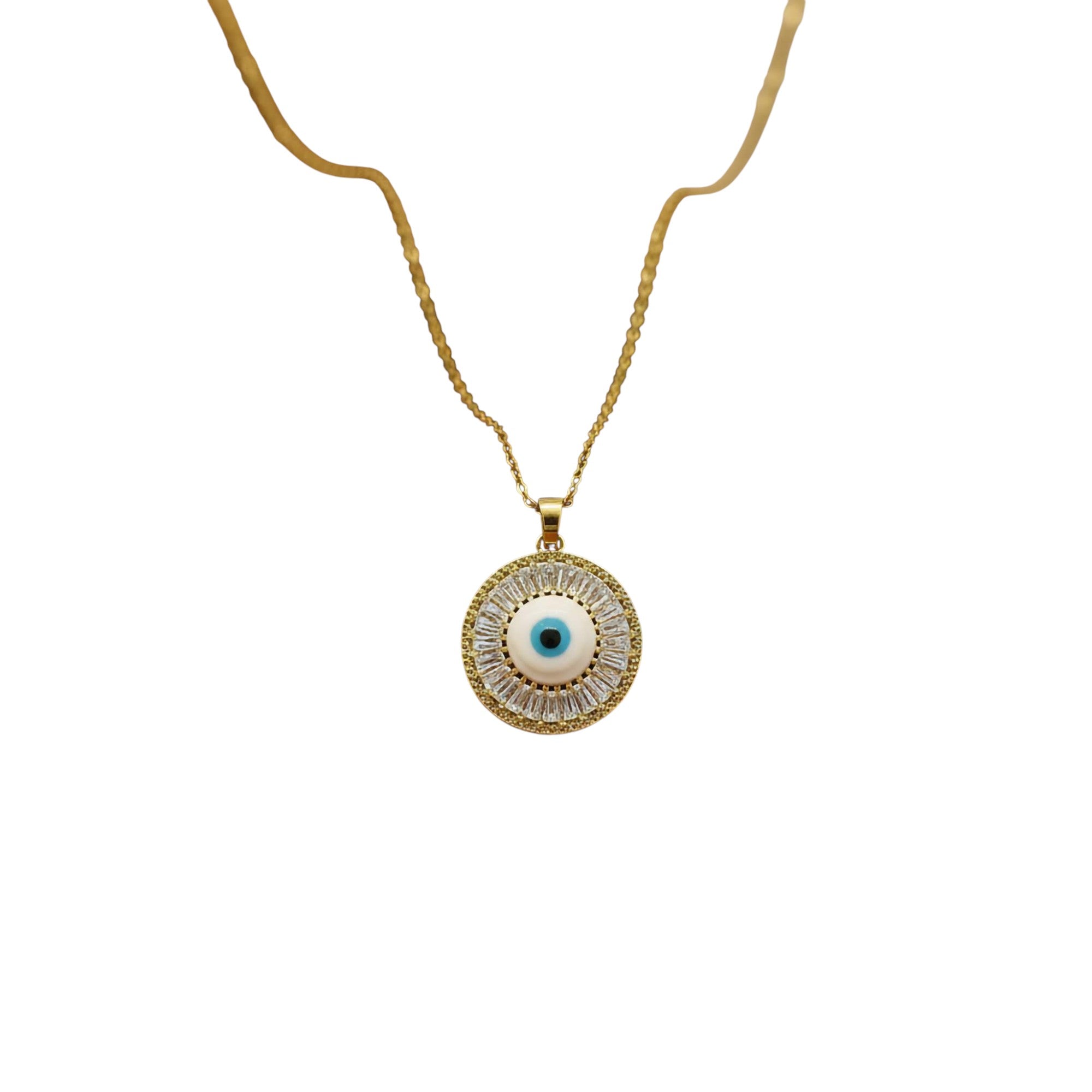 Gold necklace with an eye-shaped pendant on a white background