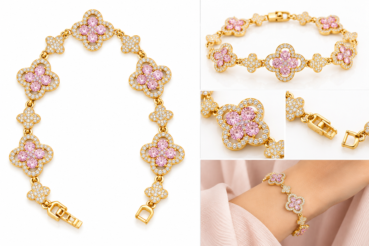 Luxury Pink Clover Bracelet with Sparkling Stones| 18K Gold Plated Luxury