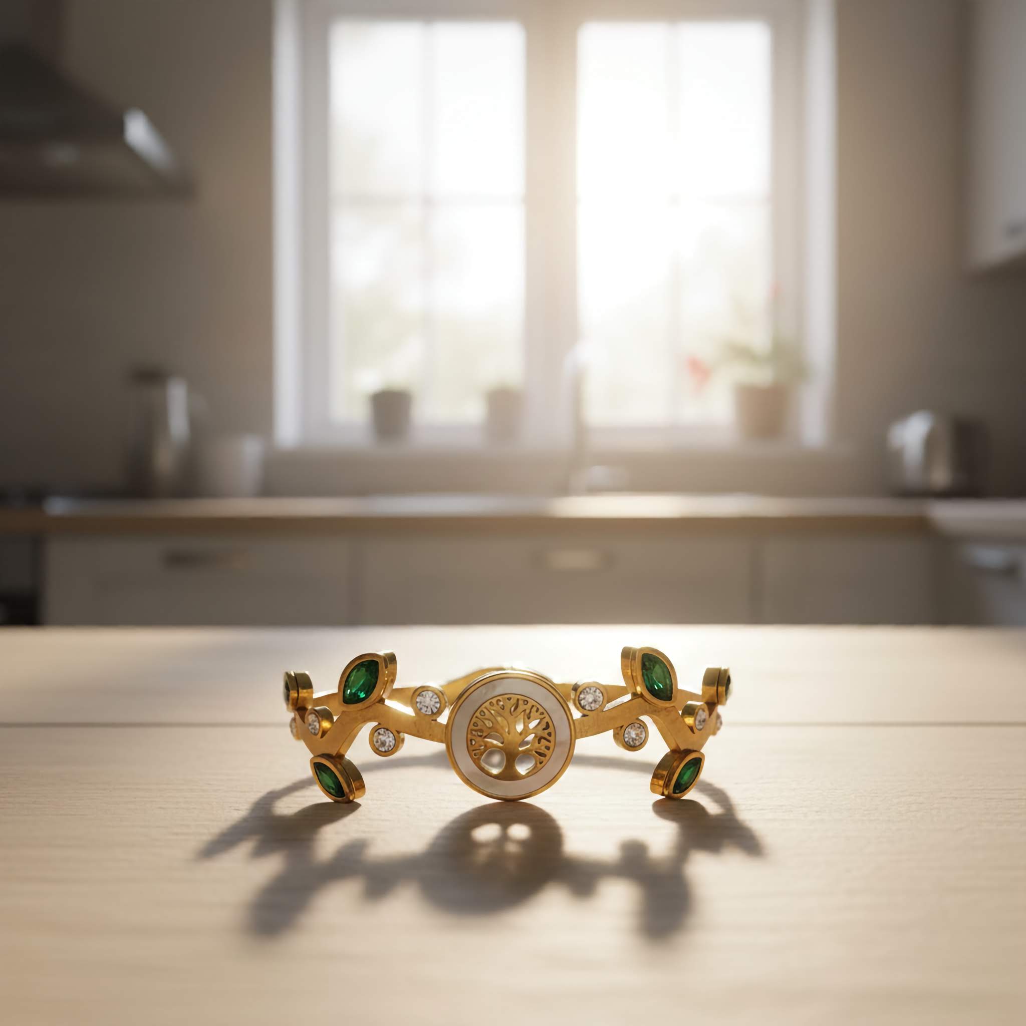 Gold bracelet with green and clear stones on a wooden surface with a blurred kitchen background