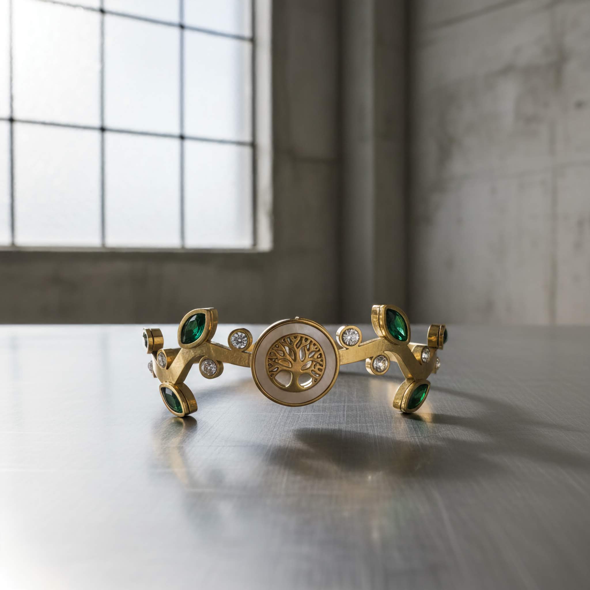 Gold bracelet with green gemstones and tree charm in the middle on a reflective surface with a window in the background