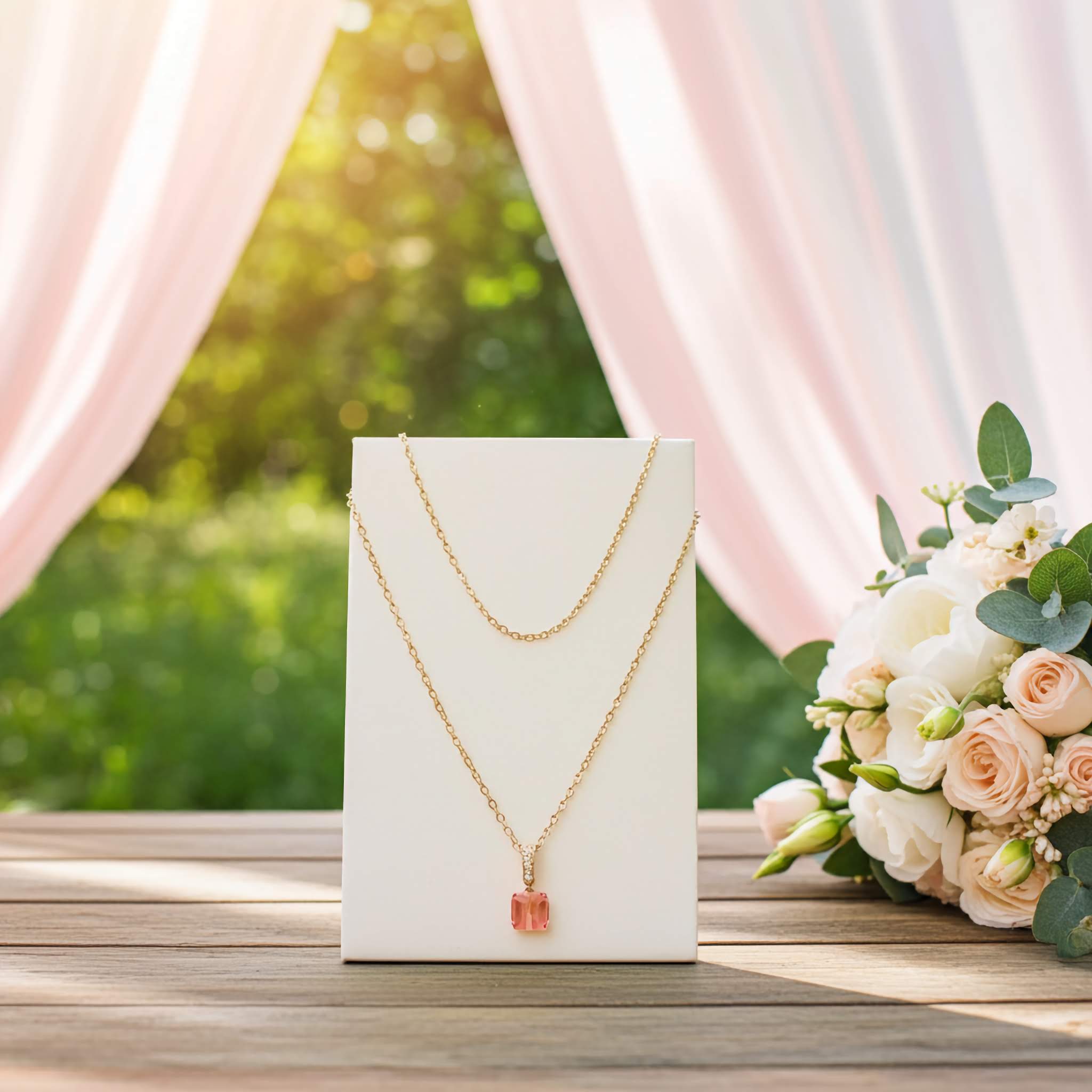 Gold plated necklace with a pink radian cut pendant on a white card, surrounded by flowers and pink curtains.