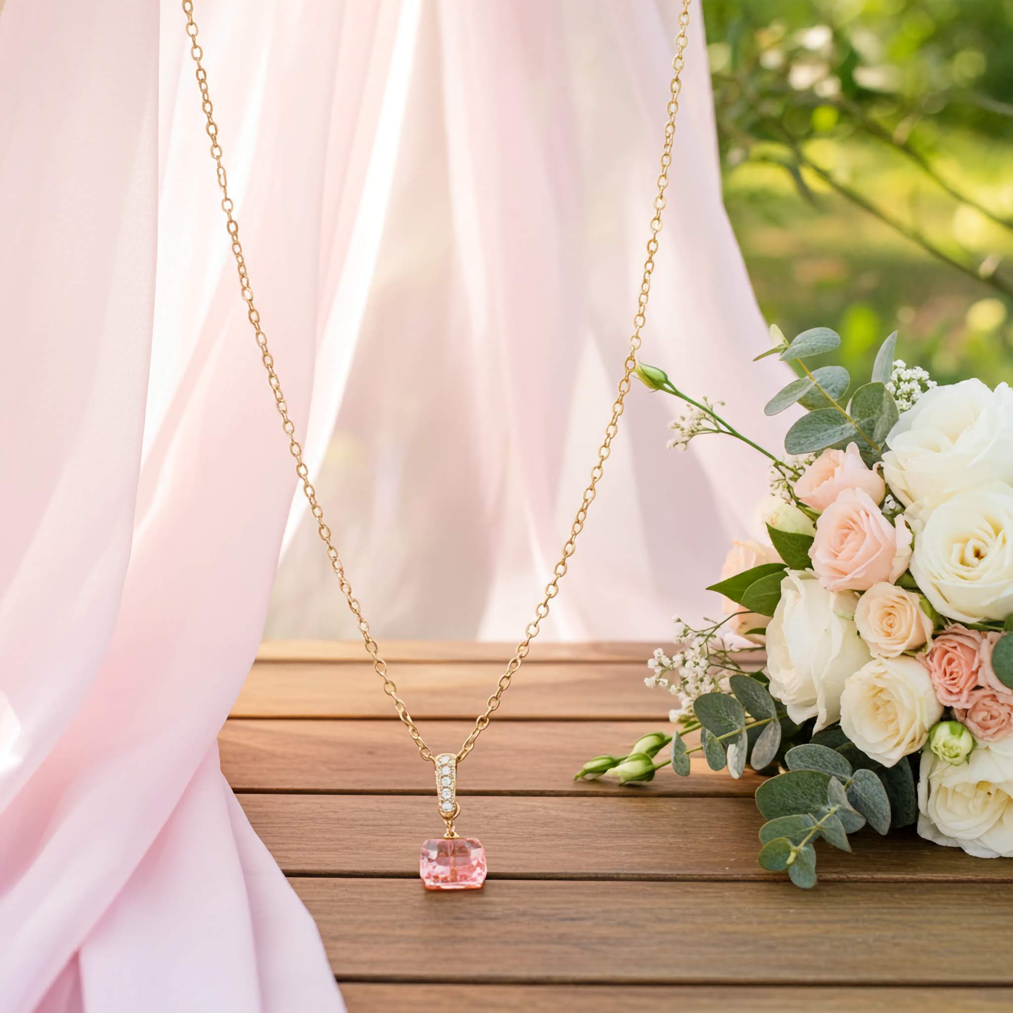 Necklace with a pink pink pendant on a wooden surface with flowers and pink fabric in the background