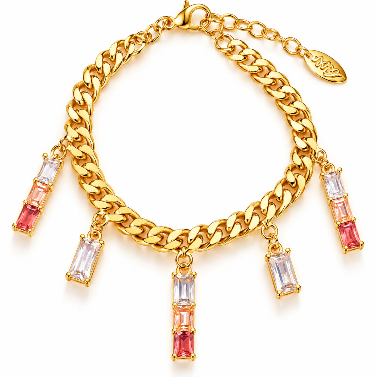 CZ Pink Stone Charm Bracelet for Women| 18K Gold Plated Luxury