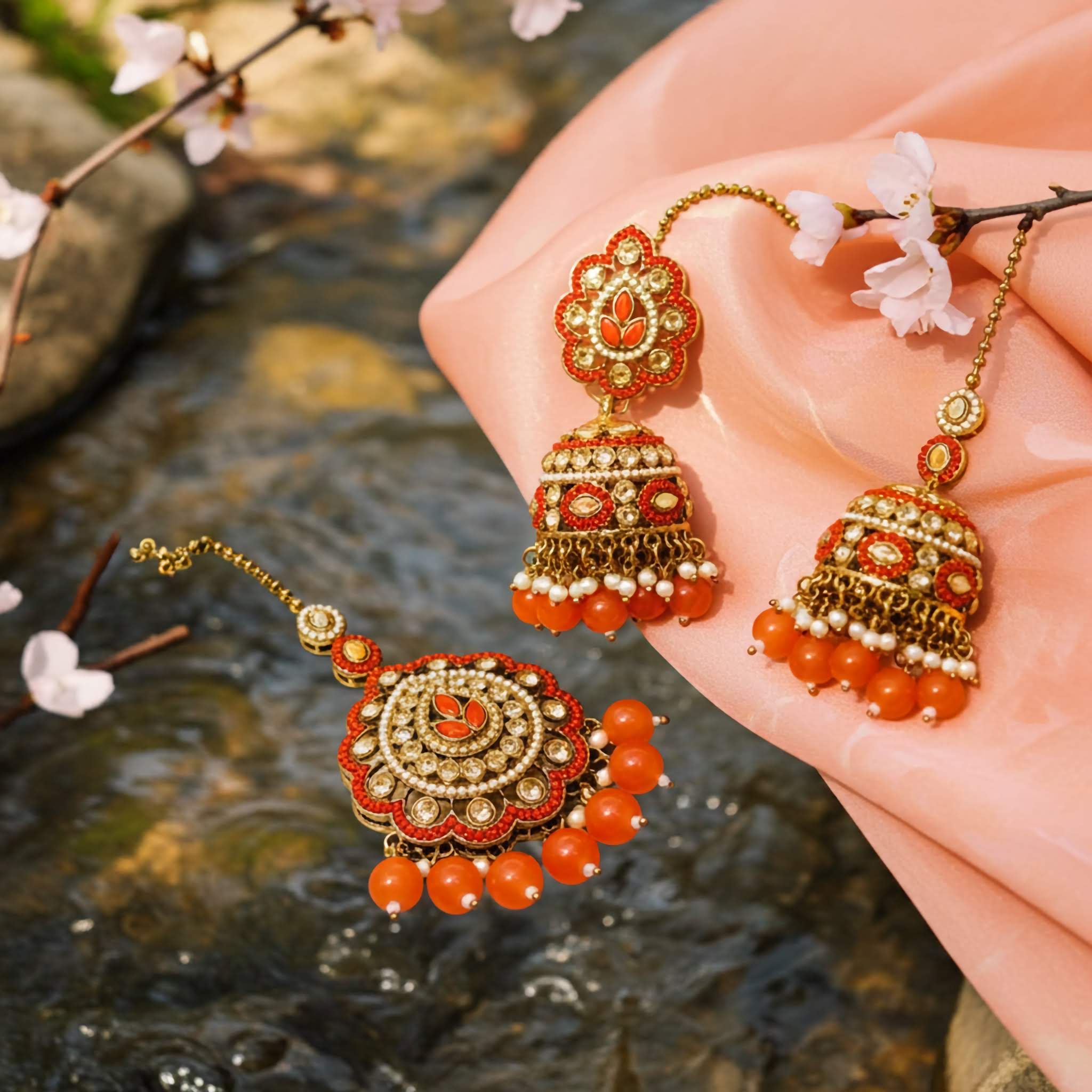 Ornate red and gold earrings being worn with a natural background