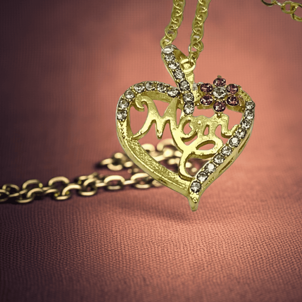 18k Gold necklace with a heart-shaped pendant that reads 'Mom' on a brown background
