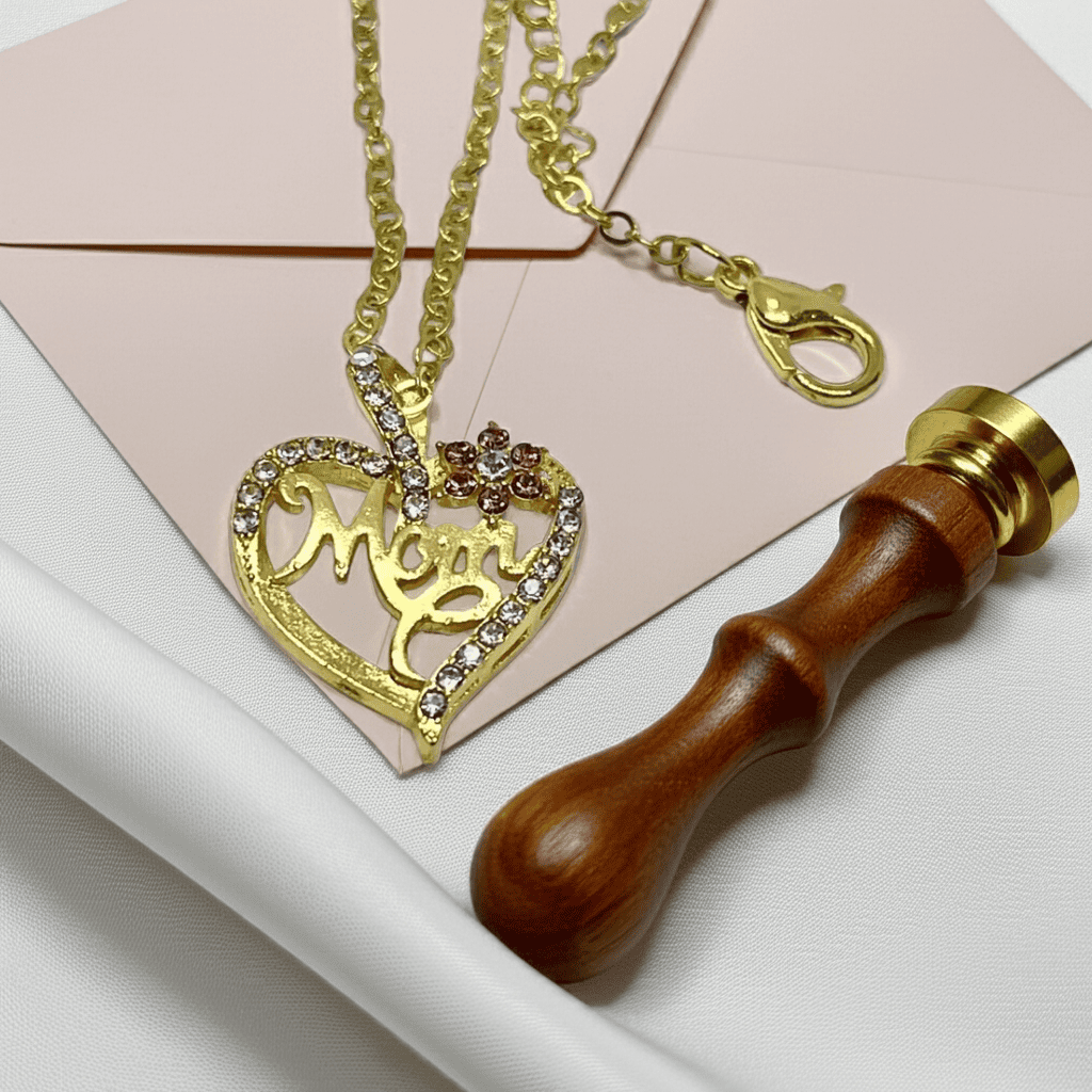 18k Gold necklace with 'Mom' heart pendant and wooden stamp on a textured surface