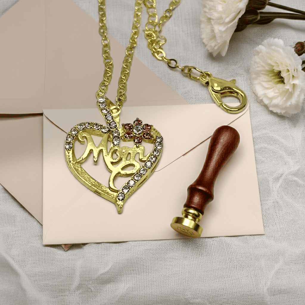 18k Gold necklace with 'Mom' heart pendant on a card with a wax seal, surrounded by flowers.
