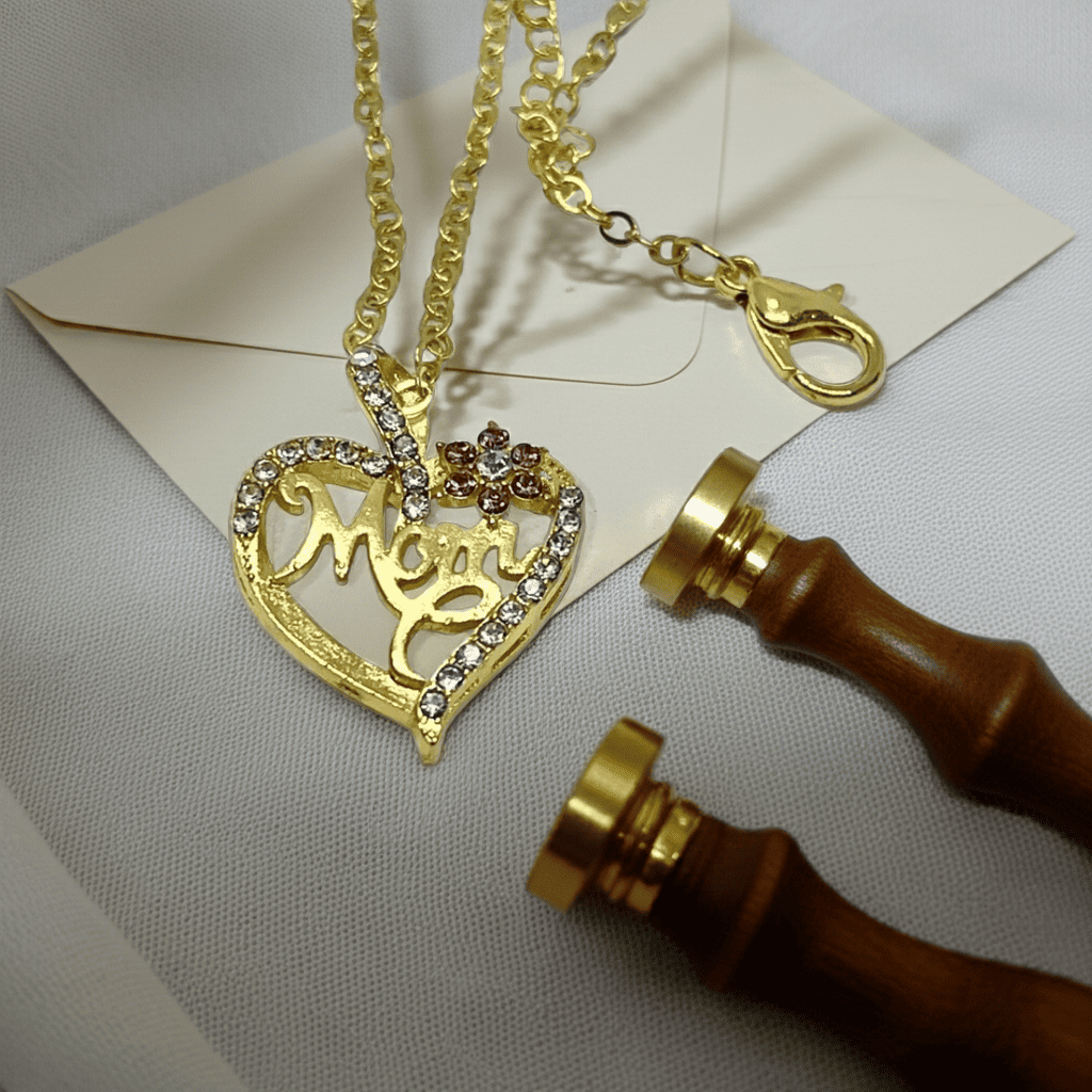 18k Gold necklace with 'Mom' heart pendant on a white background