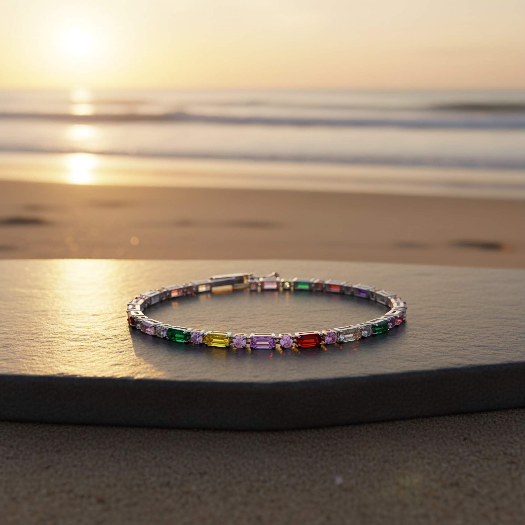 Multicolored beaded bracelet on a wooden surface with a sunset beach background