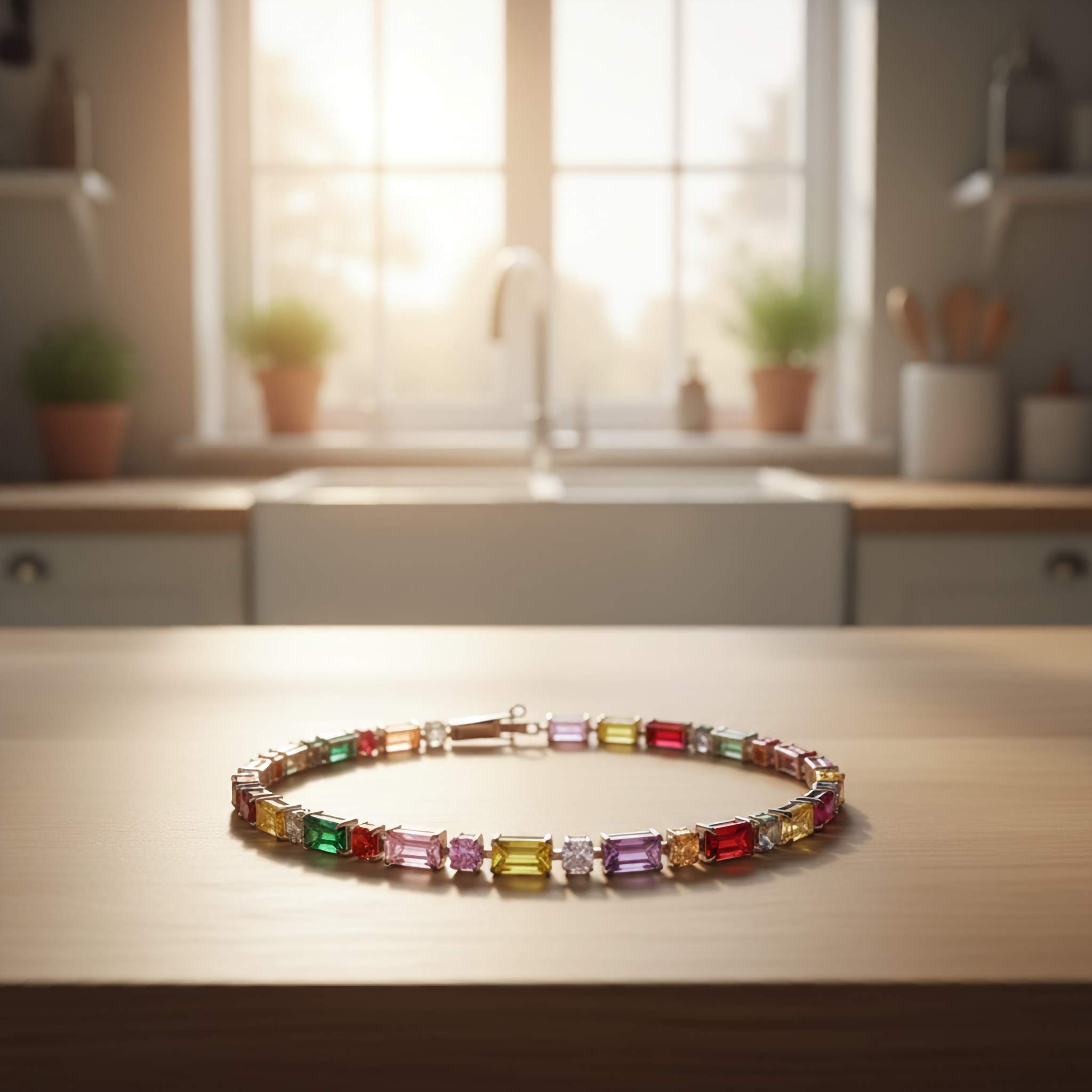 Multicolored gemstone bracelet on a wooden surface with a blurred kitchen background